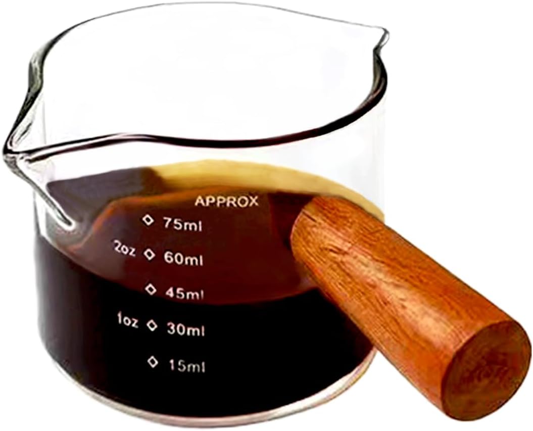 1 Pc Espresso Cup, Clear Glass Espresso Measuring Cup with V-Shaped Mouth, Double Spout Glass Measuring Cup with Dual Scale, Milk Frothing Pitcher, 3.52oz Espresso Cup with Wood Handle