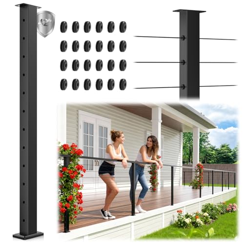 Image of 42 inch Swageless Black Cable Railing Post, T304 Stainless Steel Level Drilled Line Post for Deck Railing System, Upgraded Black Powder Coated Wire Metal Deck Post for Indoor Outdoor Porch Balcony