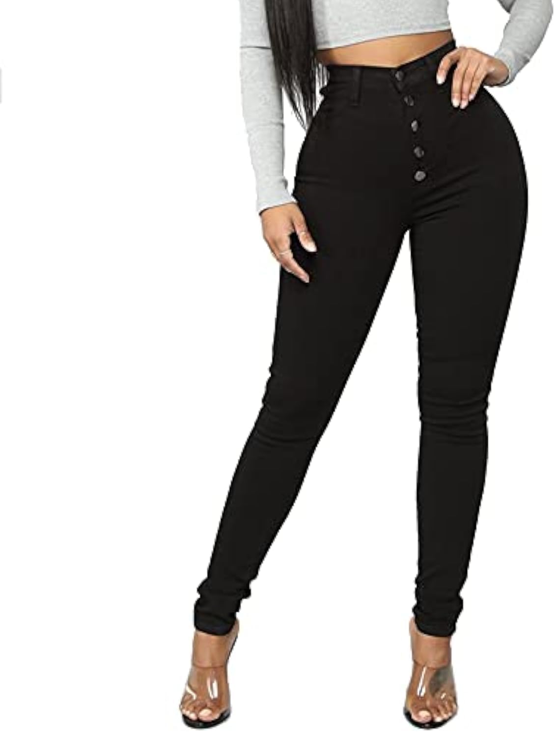 Size L FISCLOSIN Womens High Waist Stretch Jeans 5 Button Push Up Butt Lifting Skinny Colombian Jeans