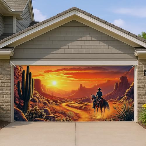 Western Sunset Garage Door Cover, Cowboy Desert Landscape Large Garage Door Decorations, Outdoor Ranch Home Decor, All Seasons and Events 157x71 Inch
