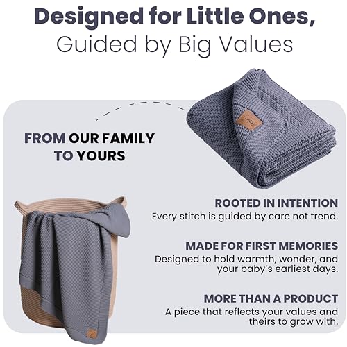 Image of 100% Organic Cotton GOTS Certified Baby Knitted Blanket with Gift Box - Soft Toddler, Crib, Stroller Blanket - Neutral Swaddle and Receiving Blanket for Newborns, 30 inchx40 inch, Grey Blue