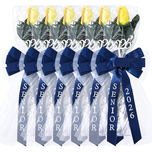 Suncalla 6 Pcs Senior 2026 Softball Rose with Bows Artificial Fake Softball Flower Gifts Graduation Senior Night Gifts Baseball Team Keepsakes for Sports College High School Congrats Party Supplies