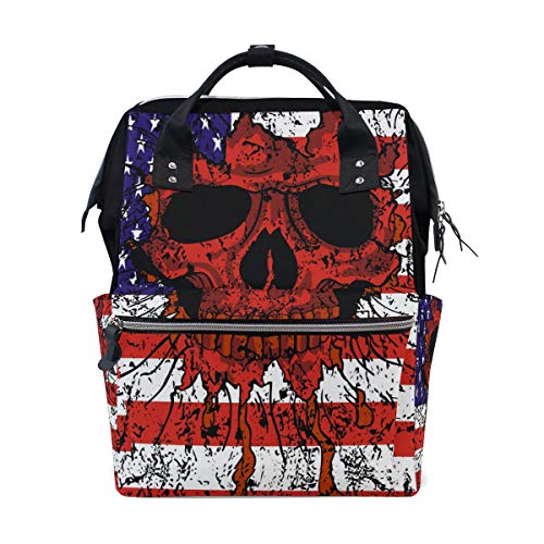 BIGJOKE - Mochila para pañales, diseño de calavera con bandera americana, multifunción, gran capacidad, bolsa de cambiador de bebé, con cremallera, estilo casual, para mamá, papá, cuidado del bebé