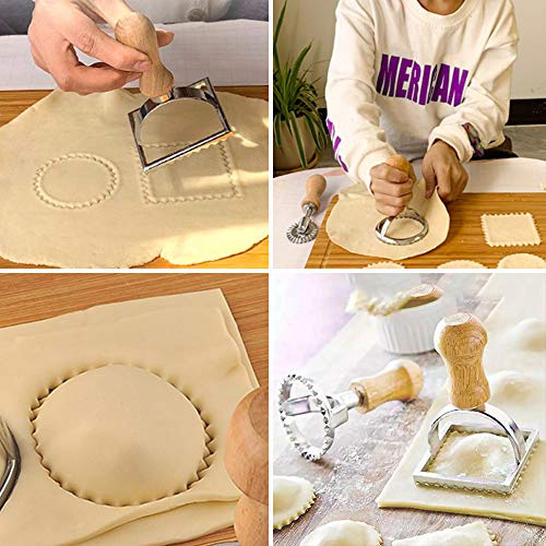 Mornon Ravioli Stamp Maker Cutter With Roller Wheel Set, Mold With Wooden Handle And Fluted Edge, Pasta Press Kitchen Attachment Round & Square Shape Ravioli Masker, 3 Set And Cutter #TOP4