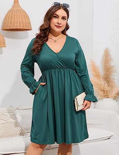 Image of ShopWonder Plus Size Dress Women's V Neck A-Line Knee Length Wrap Swing Dresses Plus Size A Line Party Mini Dress