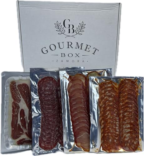 Cesta Gourmet para regalar,Lote de Ibéricos loncheados,Gourmet Box ZAMORA-Jamón,Lomo,Chorizo,Salchichón (Pack 400gr.)