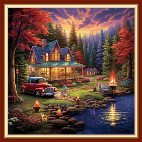 Image of Dooxvey Cross Stitch Kits for Adults Stamped Full Range of Embroidery Starter Kits for Beginners 11CT Printed Cross Stitch Patterns Needlepoint Kits Stamped Crossstitching-Lakeside Home 18x18 inch