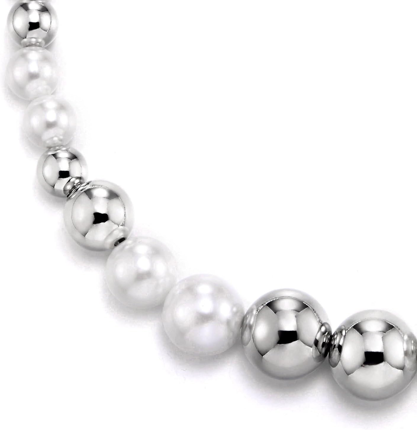 Elegant Pearl and Silver Bead Necklace, Round Faux Pearls with Polished Metal, Statement Jewelry - Image 3