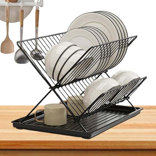 Escurridor de Platos Compacto, Plegable, Escurridor de Platos de 2 Niveles de Acero al Carbono/Acero Inoxidable, escurridor de Cocina Plegable y extraíble, colector de Agua para co