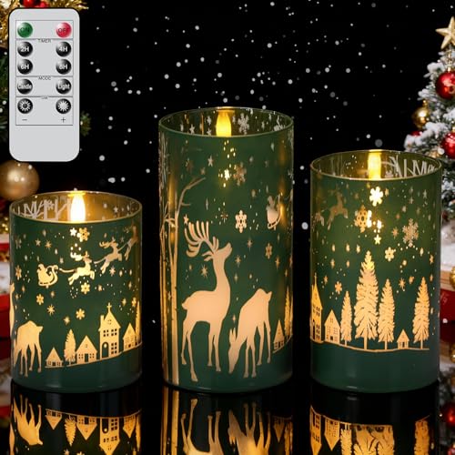 Image of Wondise Christmas Reindeer LED Flameless Candles with Remote Timer, Electroplate Glass Battery Operated Real Wax Flickering 3D Wick Pillar Candles for Christmas Holiday Home Decoration