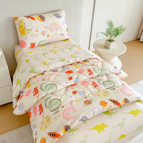 Image of Tailor Shop 4 Pieces Toddler Bedding Dinosaur Toddler Dinosaur Comforter for Boys Bed in A Bag Includes Quilted Comforter Fitted Sheet Top Sheet and Pillow Case