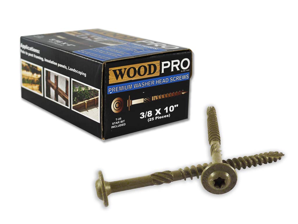 WoodPro Fasteners ST38X10-25PC 3/8-Inch by 10-Inch Length Round Washer Head Exterior Wood Screws, 25-Pack , Gold