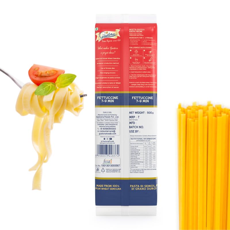 Image of Gustora Fettucine Pasta Combo Pack Of 2 I Durum Wheat Semolina I Rich In Protein & Fibre I Zero Cholesterol I Cooking Time 10 Min I Vegetarian Pasta - (500 Gm X 2)
