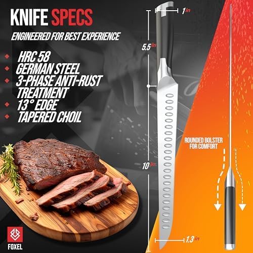 Miniatura 6 de FOXEL Cuchillo rebanador de pavo de 10 pulgadas, acero inoxidable alemán de alto carbono, perfecto para rebanar carne, pechuga, barbacoa y costilla,