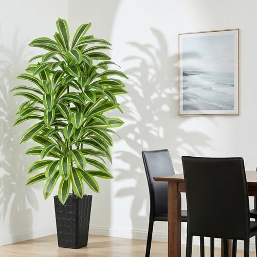 Image of Artificial Yellow Dracaena Tree Indoor, 5FT Tall Fake Floor Plants with Black Planter & Pebbles, Faux Silk Yucca Tree for Home Office Living Room Bedroom Farmhouse Modern Outdoor Topiary Tree