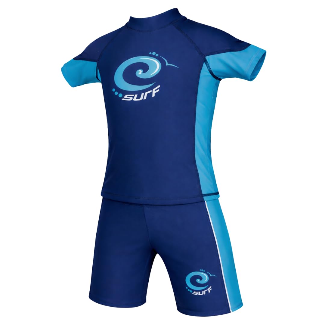 Kidz Swimmers Boys UV Sun Protection Rash Vest and Swimming Trunks UPF 50+ Estate Blue & Malibu Blue (9-10 Years)