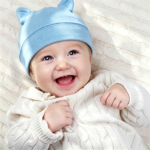 4 Pack Cotton Newborn Baby Hat with Cute Bear Ears, High Elasticity No Scratch Infant Caps for Baby Girls Toddler Hats Solid Color Infant Beanie Caps for 0-6 Months Autumn Winter Spring - Image 6