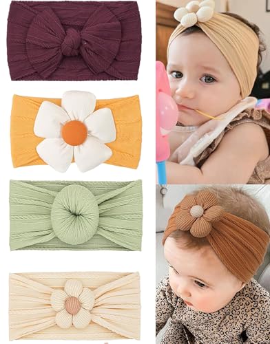 Image of 4 Pcs Baby Flower Headbands Nylon Head Bands Soft Elastics Stretchy Cute Warm Hairbands Hair Bow Accessories for Girls Newborn Infant Toddler Kids Baby Essential Products Handmade 4 Set
