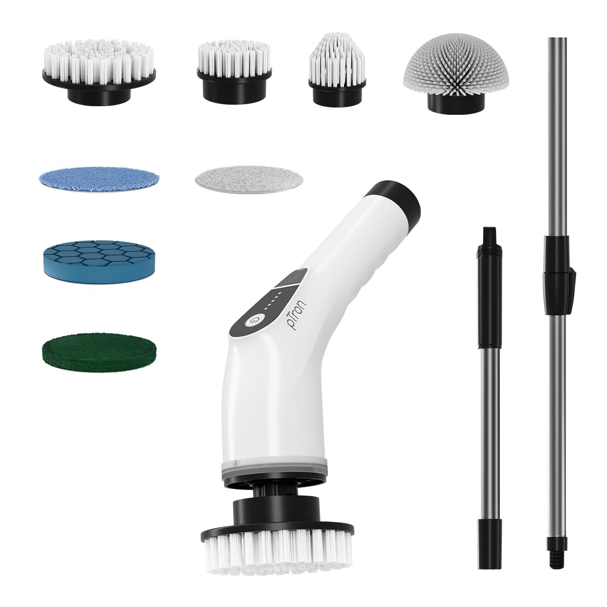 pTron EaseMate Scrubber X1, Electric Spin Scrubber w/ 5 Adjustable Speeds, Cleaning Brush Scrubber for Home, 400RPM/min, 120 min Run Time, 8 Replaceable Brush Heads for Bathroom, Floor Tiles (White)