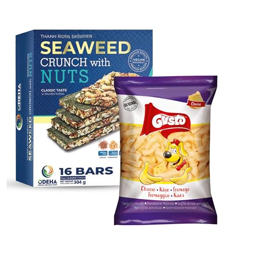 Seaweed Crunch with Nuts Classic Taste and Gusto Cheese Puffs Snack Bundle, Vegan Seaweed Snack Bars with Cashews Almonds Pumpkin Seeds and Crunchy Baked Cheese Flavored Puffs image 5