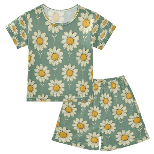 senya Short Sleeve Pajamas Sets Summer Cotton Sleepwear Green Yellow Daisy