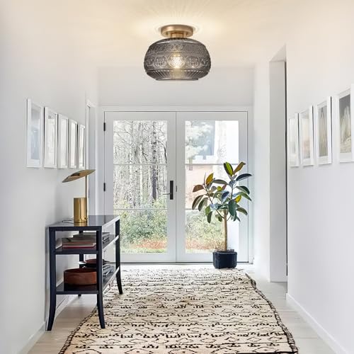Semi Flush Mount Ceiling Light Fixture, 11" Vintage Gold Hallway Lights Fixture Ceiling with Grey Glass for Kitchen, Hallway, Bathroom and Entry Way,Compatible with E26 Light Bulb