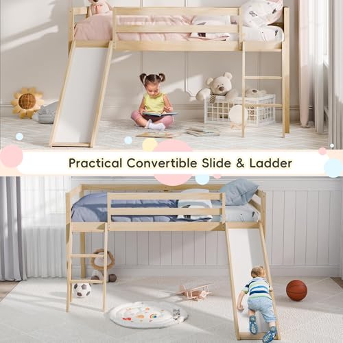 MU Twin Loft Bed, Toddler Loft Bed with Slide and Climbing Ladder & Safety Guard Rail, Lower Storage Space for Kids Toddler, Natural Wood - Thumbnail 4