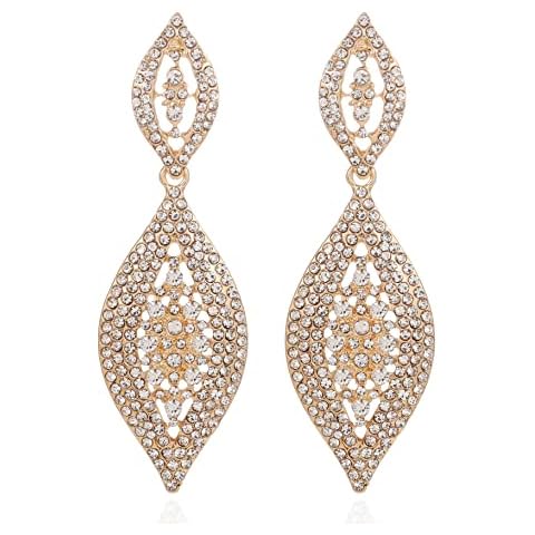 VANGETIMI Fashion Champagne Rhinestone Crystal Wedding Earrings for Women Bridal Bridesmaid Long Leaf Chandelier Teardrop Dangle Earrings Jewelry Cover
