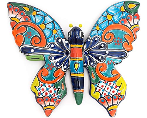 Enchanted Talavera Pottery Hand Painted Mexican Ceramic Garden Outdoor Large Butterfly Dragonfly Animals Butterflies Insects Reptiles Wall Décor Art (Large, Cobalt)