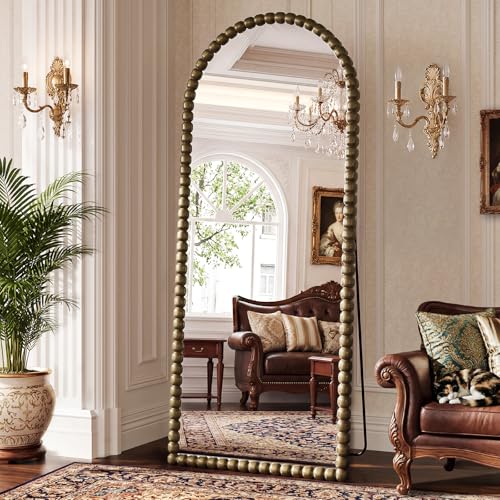 Image of Vintage Full Length Mirror with Stand, 71x28 Inch Arched Beaded Full Body Mirrors, Large Floor Mirror Standing Mirror Full Length Wall Mounted Decor for Bedroom Living Room Cloakroom, PU Frame, Bronze