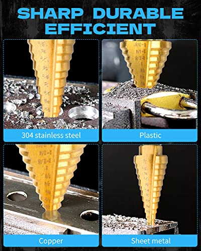 Rocaris 5 Pcs Step Drill Bit Set & 6 Pcs Tap Bit Set, Titanium Coated, 50 Sizes Of High Speed Steel Step Drills For Diy Lovers Metalworking, Woodworking, Hole Drilling, 12 Pack #TOP5