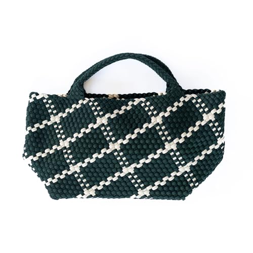 Image of State of Bliss Large Neoprene Dark Green and White Woven Hobo Tote with Top Handle - Lightweight and Spacious Designer Lookalike Tote Bag for Travel, Work, and Everyday