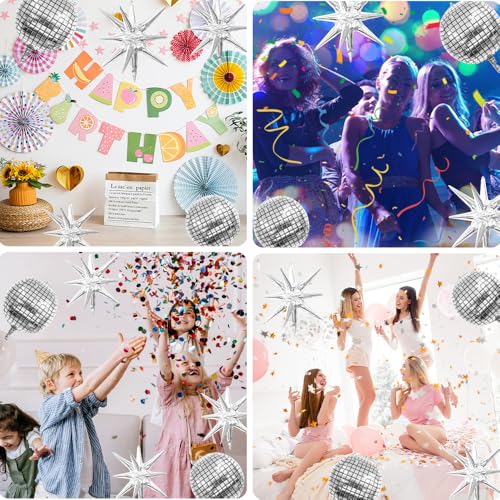 Image of Disco Ball Balloons, 7 PCS Foil Mylar Balloon Set, 22 Inch Silver 4D Disco Balloon with Explosion Star Balloon for 70s 80s 90s Bachelorette Birthday Party Anniversary Wedding New Year Graduation Decor