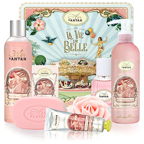 Set cofanetto di bellezza Un Air d'Antan® contiene 5 prodotti: 1 bagnoschiuma 250ml, 1 crema per le mani 25ml, 1 sapone 100g, 1 lozione corpo 200ml, 1 Eau de Toilette 55ml - Profumo di Rosa
