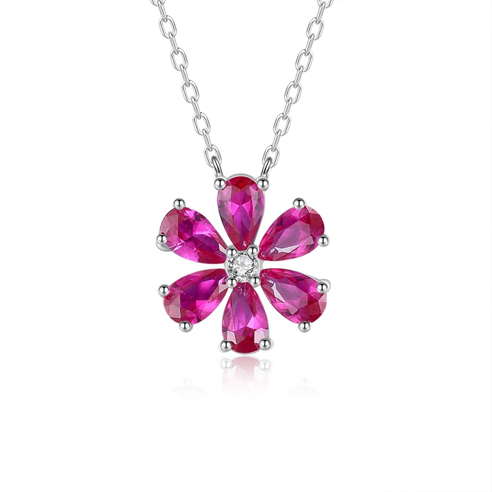 Collar de oro blanco 585 para mujer, cadena de 45 cm, colgante de flor con forma de pera, rubí de zafiro rosa y diamante, joyería de oro blanco de 14 quilates para ella