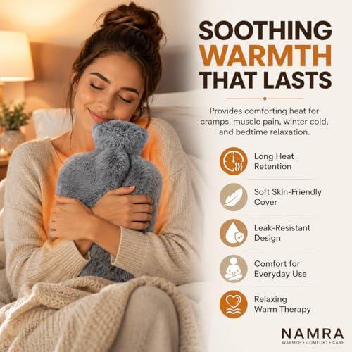 Image of NAMRA Hot Water Bag with Soft Cover for Pain Relief, 1 Pcs Heating Pad Rubber Hot Bag for Body Massage for Men & Women for Hot Water Bottle for Period, Cramps, Heating Pad - (2000,gray)