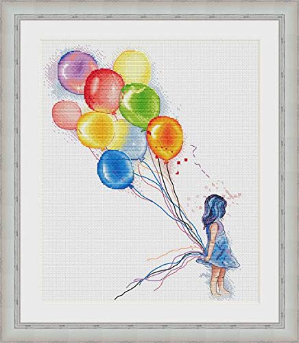 Rainbow Balloon And Girl Counted Cross Stitch Kits Egyptian Cotton Floss, 14Ct 160X200 Stitch 38X45 Cm Counted Cotton Cross Stitch #TOP4