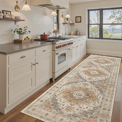 Madane 4x12 Wide Hallway Runners: Washable 12ft Runner Rug for Entryway Living Room Soft Vintage Non Slip Carpet Runner for Kitchen Dining Room Nursery Bedroom Thin Area Rug (Turmeric/Grey, 4x12ft)