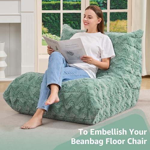 Image of Hobestluk Adults Bean Bag Chair Faux Fur BeanBag Couch for Living Room | Green Chevron,Ergonomic Design,Memory Foam,UltraSoft,Anti-slip Bottom,No Assembly Required,Decorative Style for Living Room