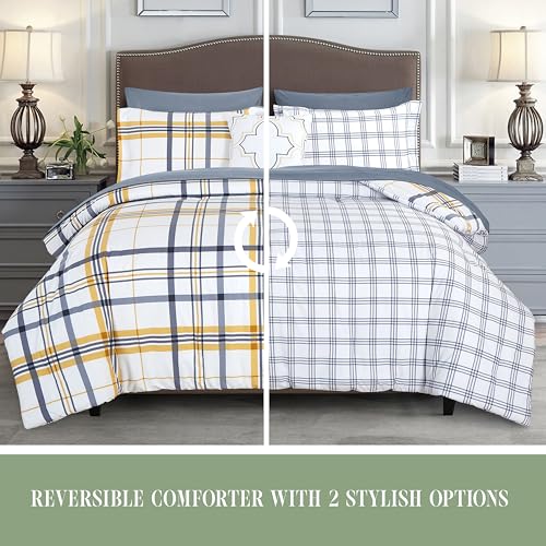 Image of Elegant Comfort 8-Piece Lodge Plaid Reversible Comforter Set - All Season Bed in a Bag, 4-Piece Sheet Set Featuring Smart Pockets, Matching Shams and Decorative Pillow, Full /Queen, Gold