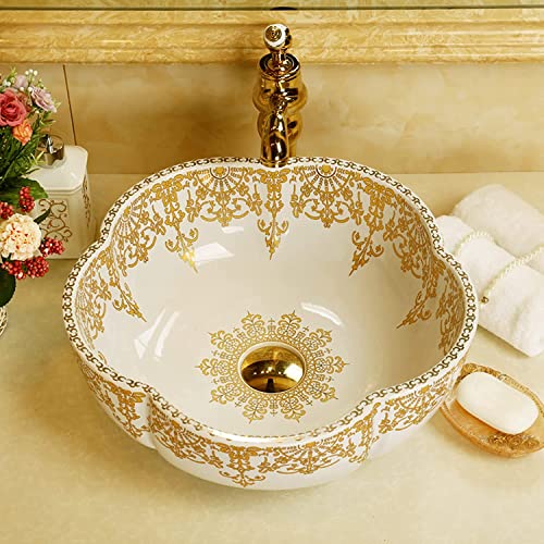 Porcelain Ceramic Bathroom White Flower Shape Vanity Vessel Sink Bowl Modern American Style Above Counter Round Bowl Countertop Veesel Sink Art Basin Top Mount Without Faucet Jingdezhen