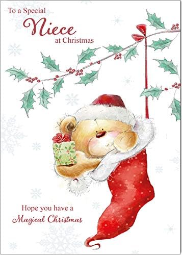 Olivia Samuel Niece Christmas Card from Teddy Stocking - Medium Sized Card (A5 Size -148mm x 210mm) with Peel and Seal Envelope