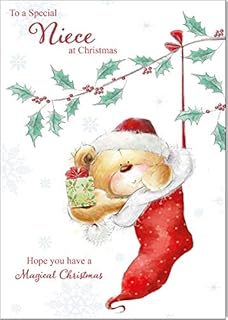 Olivia Samuel Niece Christmas Card from Teddy Stocking - Medium Sized Card (A5 Size -148mm x 210mm) with Peel and Seal Envelope