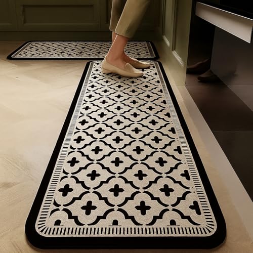 Image of HomeCloud Rubber Kitchen Mats for Floor Set of 2 Pcs|Non-Skid, Soft Absorbent Rugs for Kitchen, Laundry, and Hallway|120x40cm, 40x60cm| 4mm Thickness (Beige White X)