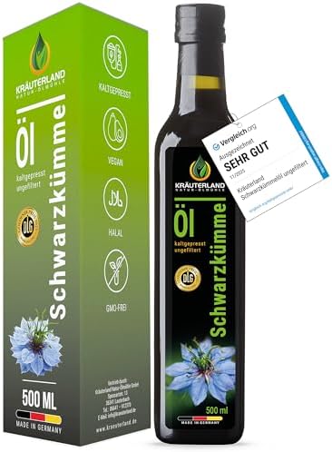 Kräuterland Schwarzkümmelöl 500ml – ungefiltert - hoher Thymochinongehalt (6600 mg/1000 g) – äquivalent zu 1000 Kapseln – kaltgepresst & naturrein ohne Zusätze - Vegan & Mühlenfrisch in Glasflasche