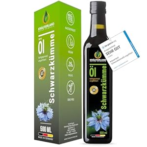 Kräuterland Schwarzkümmelöl 500ml, kaltgepresst & ungefiltert, hoher Thymochinon‑Anteil, ägyptische Samen, mühlenfrisch, 100 % Nigella sativa, naturrein ohne Zusatzstoffe, lichtgeschützten Glas