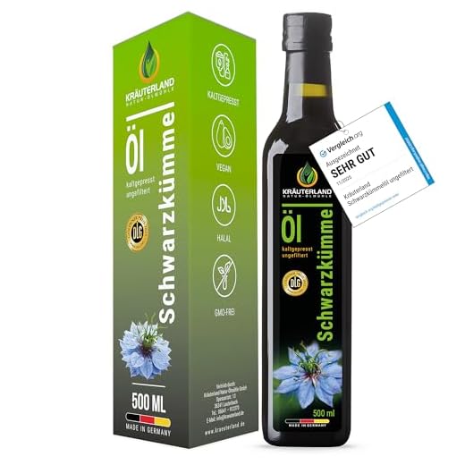 Kräuterland Schwarzkümmelöl 500ml, kaltgepresst & ungefiltert, hoher Thymochinon‑Anteil, ägyptische Samen, mühlenfrisch, 100 % Nigella sativa, naturrein ohne Zusatzstoffe, lichtgeschützten Glas
