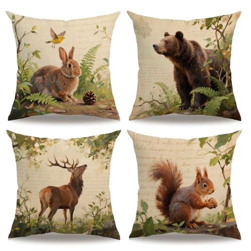 7COLORROOM Vintage Wildlife Animals Throw Pillow Covers Squirrel Bear Elk