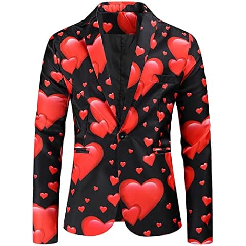 Men'S Fashion Jacket Men'S Casual Buckle Lapels Printed Single-Breasted Suit Jacket Multicoloured Heart Print Romantic Turkish Style Valentine'S Day Suit Holiday Wedding Party Dress Suit Gifts Cover