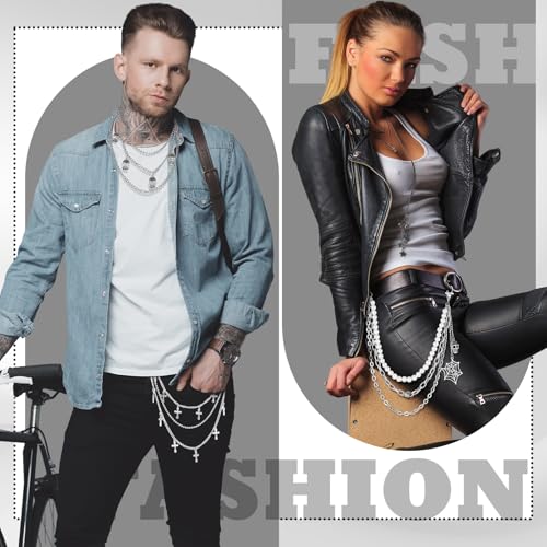 6 Pieces Punk Pants Chain Belt Multilayer Metal Wallet Chain with Spider, Skull & Cross Charms, Y2k Hip Hop Accessories for Men & Women, Gothic Jeans Decor4